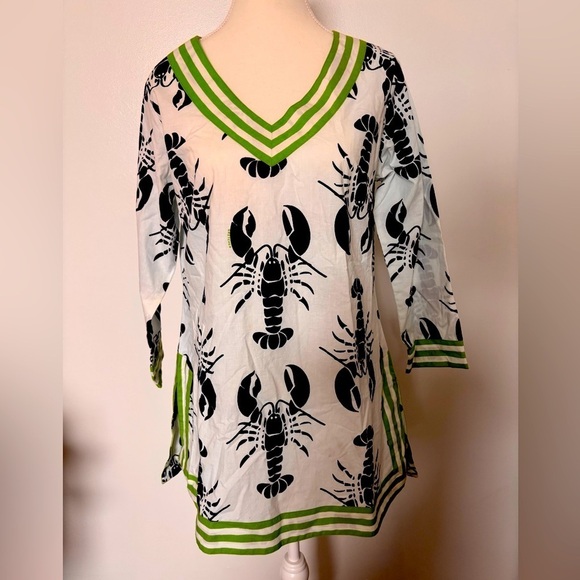Gretchen Scott Designs Tops - Lobster Print Tunic with Green Accents
